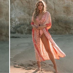 VICI BLUE CRUSH PRINTED METALLIC DUSTER KIMONO - BLUSH